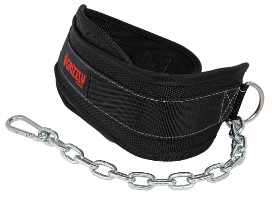 Grizzly Fitness woven nylon weightlifting belts in black with solid steel chain and carabiner clip closure